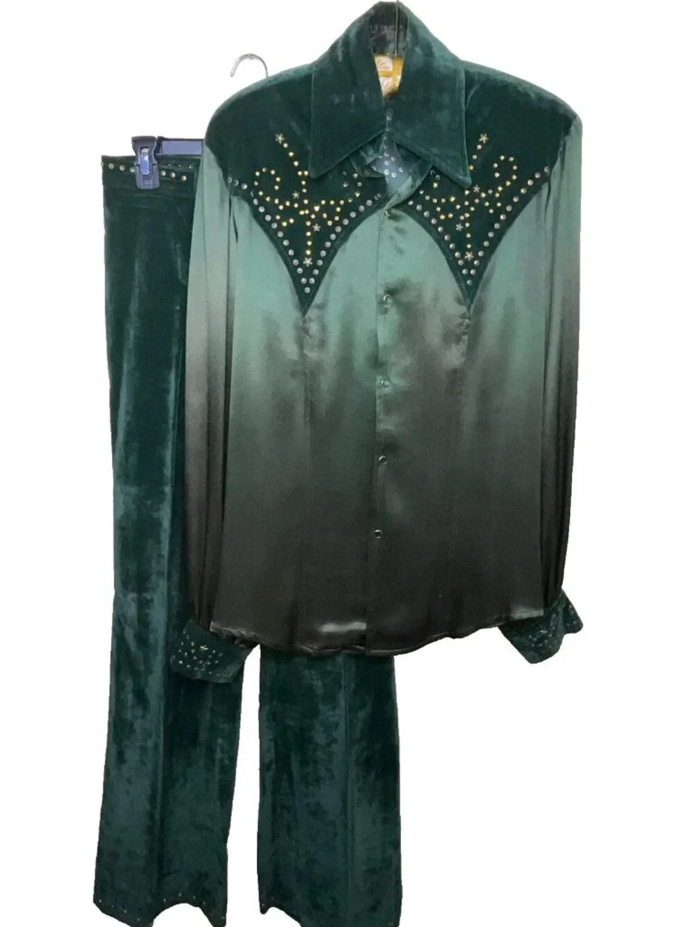 1970s Custom Western Pant Suit Satin Velvet Professional Singer Music Stage S